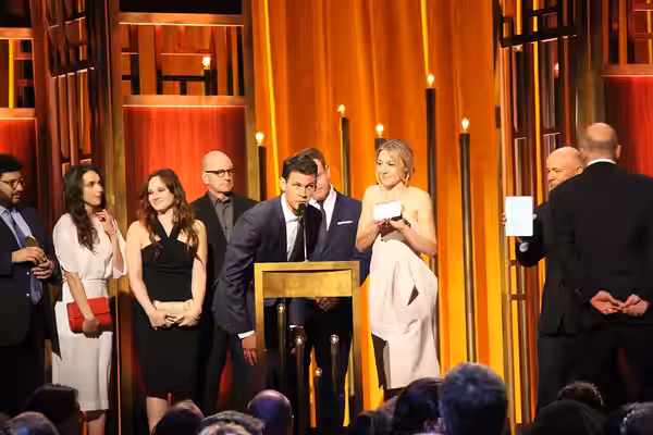 Tom Lipinski, who plays Philip Showalter on The Knick, speaks. He is surrounded by (from left to right) Jack Amiel, Maya Kazan, Jo Armeniox, Steven Soderbergh,  (2015)