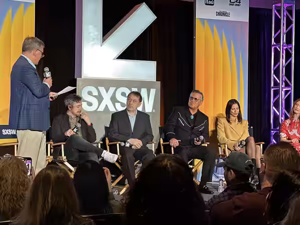 An image from SXSW that I took when viewing the panel in person. It features the producer of the film, Rob Tapert, the director, Lee Cronin, producer Sam Raimi, (2023)