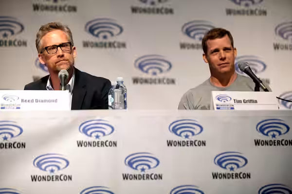 Reed Diamond and Tim Griffin speaking at the 2015 Wondercon, for "Wayward Pines", at the Anaheim Convention Center in Anaheim, California. Please attribute to G