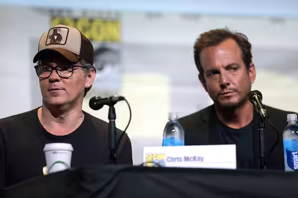 Chris McKay and Will Arnett speaking at the 2016 San Diego Comic Con International, for "The LEGO Batman Movie", at the San Diego Convention Center in San Diego