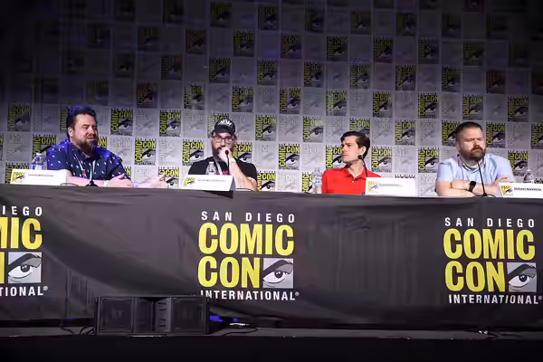 Joshua Williamson, Daniel Warren Johnson, Sean Mackiewicz and Robert Kirkman speaking at the 2023 San Diego Comic Con International, for "The Energon Universe",