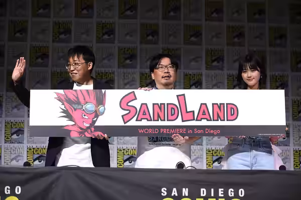 Toshihisa Yokoshima, Akio Iyoku and Nanoka Hara speaking at the 2023 San Diego Comic Con International, for "Sand Land", at the San Diego Convention Center in S