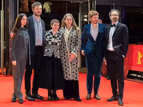 Hannah Gross, Dustin Guy Defa, Sophia Lillis, Mariette Rissenbeek, Michael Cera and Carlo Chatrian presenting the movie The Adults at the Berlinale 2023