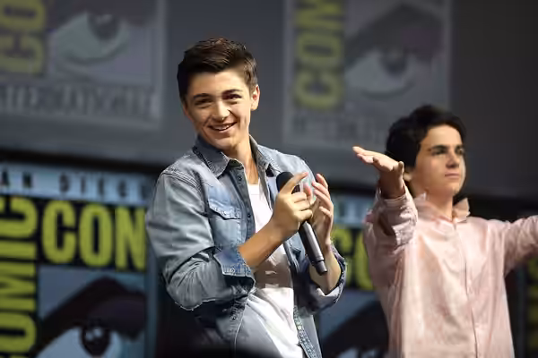 Asher Angel and Jack Dylan Grazer speaking at the 2018 San Diego Comic Con International, for "Shazam!", at the San Diego Convention Center in San Diego, Califo