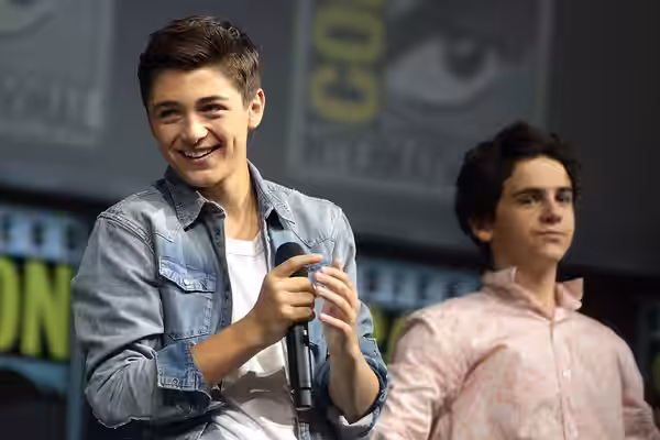 Asher Angel and Jack Dylan Grazer speaking at the 2018 San Diego Comic Con International, for "Shazam!", at the San Diego Convention Center in San Diego, Califo