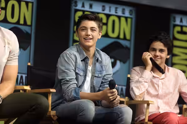 Asher Angel and Jack Dylan Grazer speaking at the 2018 San Diego Comic Con International, for "Shazam!", at the San Diego Convention Center in San Diego, Califo