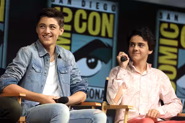 Asher Angel and Jack Dylan Grazer speaking at the 2018 San Diego Comic Con International, for "Shazam!", at the San Diego Convention Center in San Diego, Califo