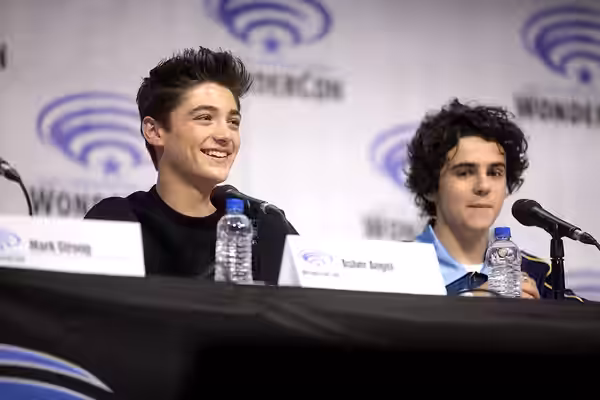 Asher Angel and Jack Dylan Grazer speaking at the 2019 WonderCon, for "Shazam!", at the Anaheim Convention Center in Anaheim, California. Please attribute to Ga