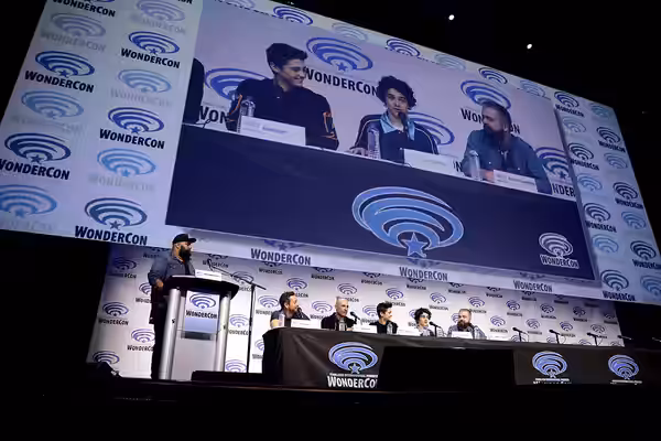 Chuey Martinez, Zachary Levi, Mark Strong, Asher Angel, Jack Dylan Grazer and David F. Sandberg speaking at the 2019 WonderCon, for "Shazam!", at the Anaheim Co