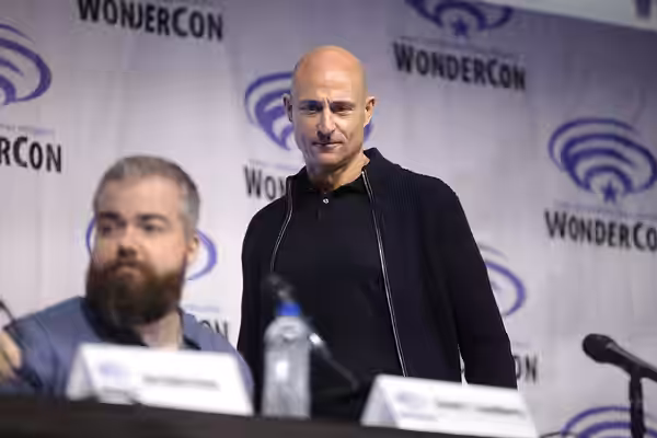 David F. Sandberg and Mark Strong speaking at the 2019 WonderCon, for "Shazam!", at the Anaheim Convention Center in Anaheim, California. Please attribute to Ga