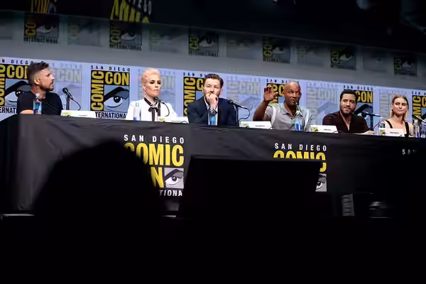 David Ayer, Noomi Rapace, Joel Edgerton, Will Smith, Edgar Ramirez and Lucy Fry speaking at the 2017 San Diego Comic Con International, for "Bright", at the San