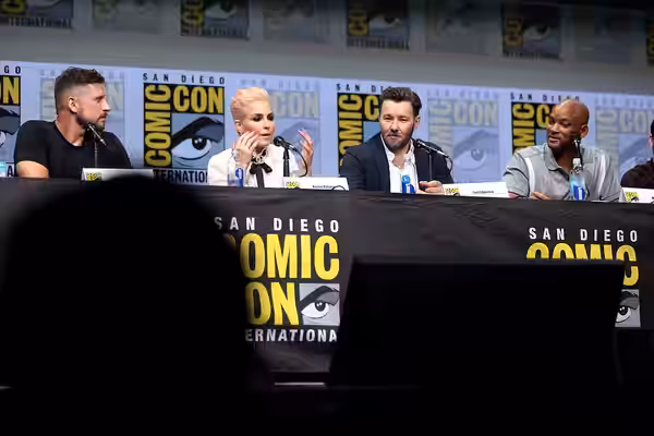 David Ayer, Noomi Rapace, Joel Edgerton and Will Smith speaking at the 2017 San Diego Comic Con International, for "Bright", at the San Diego Convention Center 