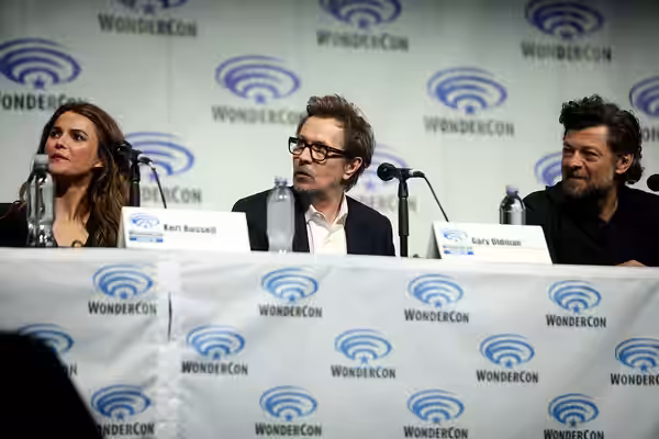 Keri Russell, Gary Oldman and Andy Serkis speaking at the 2014 WonderCon, for "Dawn of the Planet of the Apes", at the Anaheim Convention Center in Anaheim, Cal