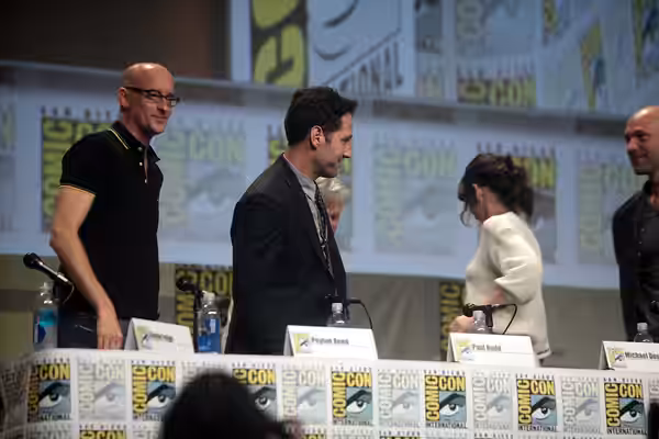 Peyton Reed, Paul Rudd and Michael Douglas, Evangeline Lilly and Corey Stoll promoting the film Ant-Man at the 2014 San Diego Comic Con International.