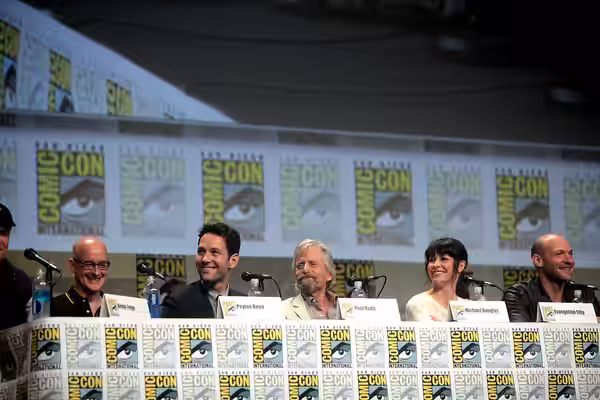 Peyton Reed, Paul Rudd, Michael Douglas, Evangeline Lilly and Corey Stoll speaking at the 2014 San Diego Comic Con International, for "Ant Man", at the San Dieg