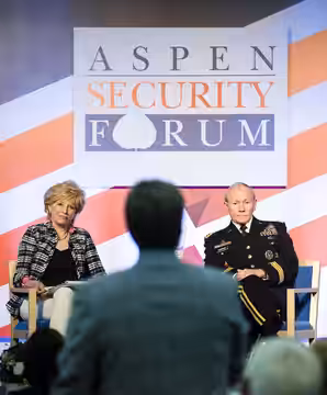 Lesley Stahl, left, and Chairman of the Joint Chiefs of Staff U.S. Army Gen. Martin E. Dempsey, right, listen to an audience member ask a question during the As