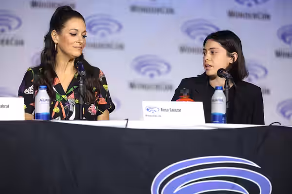 Angelique Cabral and Rosa Salazar speaking at the 2022 WonderCon, for "Prime Video: Undone", at the Anaheim Convention Center in Anaheim, California. Please att