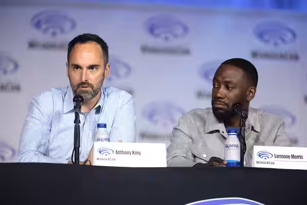 Anthony King and Lamorne Morris speaking at the 2022 WonderCon, for "Woke", at the Anaheim Convention Center in Anaheim, California. Please attribute to Gage Sk