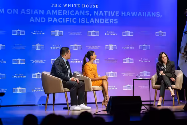 Vice President Kamala Harris joins actress and producer Poorna Jagannathan and “Dear Asian Americans” podcast host Jerry Won for a moderated conversation at the (2023)