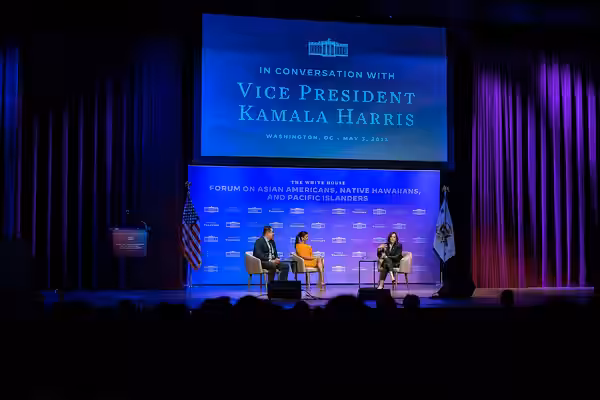 Vice President Kamala Harris joins actress and producer Poorna Jagannathan and “Dear Asian Americans” podcast host Jerry Won for a moderated conversation at the (2023)