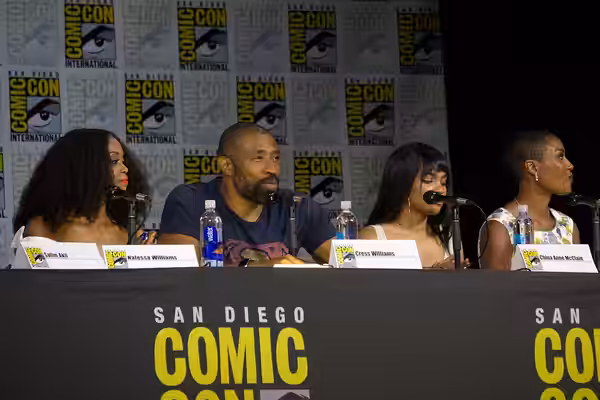 Nafessa Williams, Cress Williams, China Anne McClain and Christine Adams speaking at the 2017 San Diego Comic Con International, for "Black Lightning", at the S