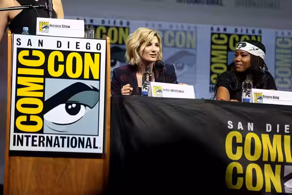 Jodie Whittaker and Regina King speaking at the 2018 San Diego Comic Con International, for "Entertainment Weekly's Women Who Kick Ass", at the San Diego Conven