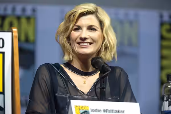 Jodie Whittaker speaking at the 2018 San Diego Comic Con International, for "Doctor Who", at the San Diego Convention Center in San Diego, California. Please at