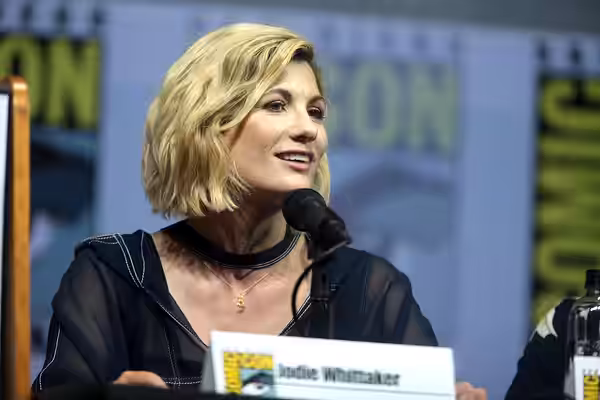 Jodie Whittaker speaking at the 2018 San Diego Comic Con International, for "Doctor Who", at the San Diego Convention Center in San Diego, California. Please at