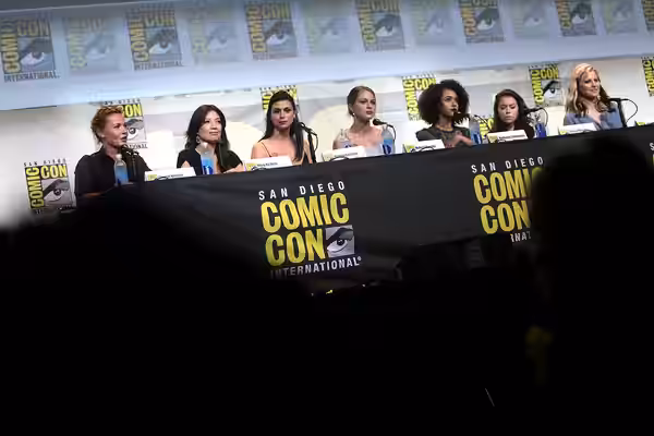 Connie Nielsen, Ming-Na Wen, Morena Baccarin, Melissa Benoist, Nathalie Emmanuel, Tatiana Maslany and Lucy Lawless speaking at the 2016 San Diego Comic Con Inte