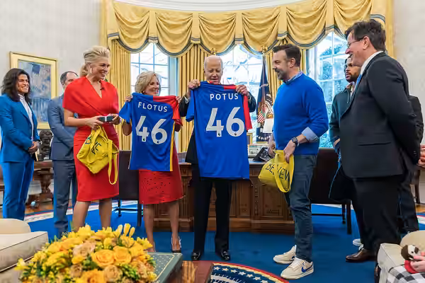 President Joe Biden and First Lady Jill Biden receive AFC Richmond jerseys from the cast of “Ted Lasso”, Monday, March 20, 2023, in the Oval Office of the White