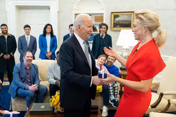 President Joe Biden greets the cast of “Ted Lasso”, Monday, March 20, 2023, in the Oval Office of the White House. The cast visited the White House to discuss t