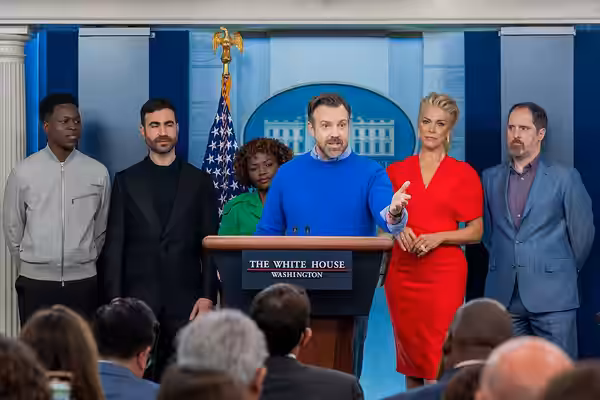 Press Secretary Karine Jean-Pierre is joined by the cast of “Ted Lasso” for a press briefing, Monday, March 20, 2023, in the James S. Brady Press Briefing Room 