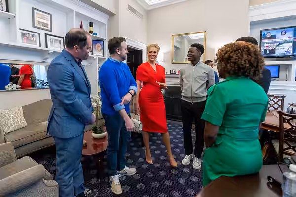 Press Secretary Karine Jean-Pierre meets with the cast of “Ted Lasso”, Monday, March 20, 2023, in Jean-Pierre’s office in the West Wing of the White House. The 