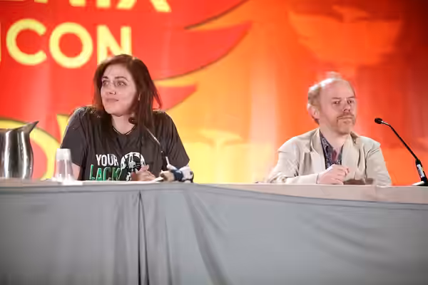 Neve McIntosh and Dan Starkey speaking at the 2016 Phoenix Comicon at the Phoenix Convention Center in Phoenix, Arizona. Please attribute to Gage Skidmore if us