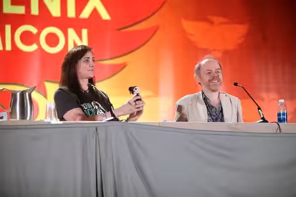 Neve McIntosh and Dan Starkey speaking at the 2016 Phoenix Comicon at the Phoenix Convention Center in Phoenix, Arizona. Please attribute to Gage Skidmore if us