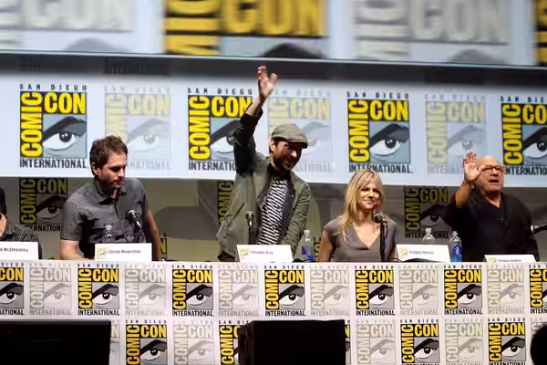 Glenn Howerton, Charlie Day, Kaitlin Olson and Danny DeVito speaking at the 2013 San Diego Comic Con International, for "It's Always Sunny in Philadelphia", at 