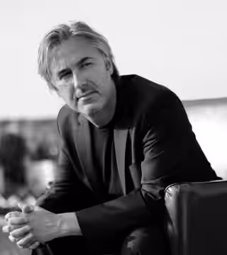 Black and white photograph of composer Neil Davidge, taken in 2014