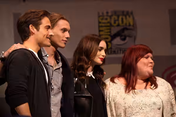 Kevin Zegers, Jamie Campbell Bower, Lily Collins and Cassandra Clare speaking at the 2013 WonderCon at the Anaheim Convention Center in Anaheim, California.