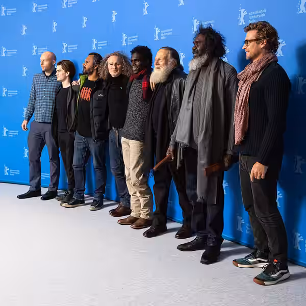Bill Thompson, Maximillian Johnson, Stephen Maxwell Johnson, Jacob Junior Nayinggul, Jack Thompson, Witiyana Marika and Simon Baker presenting the movie High Gr (2020)