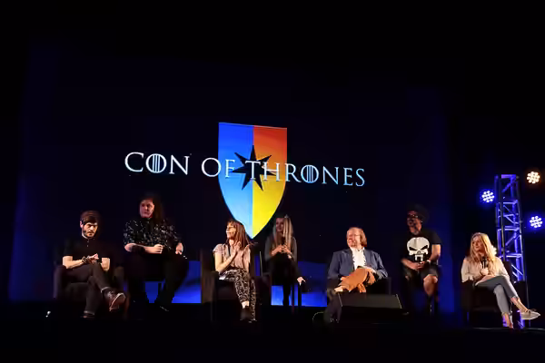 Iwan Rheon, Sam Coleman, Kate Dickie, Kerry Ingram, Roger Ashton-Griffiths, Miltos Yerolemou and Aimee Richardson speaking at the 2017 Con of Thrones at the Gay