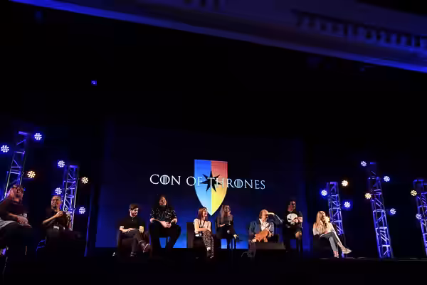Iwan Rheon, Sam Coleman, Kate Dickie, Kerry Ingram, Roger Ashton-Griffiths, Miltos Yerolemou and Aimee Richardson speaking at the 2017 Con of Thrones at the Gay