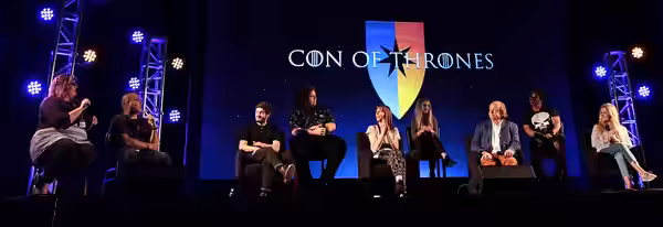Iwan Rheon, Sam Coleman, Kate Dickie, Kerry Ingram, Roger Ashton-Griffiths, Miltos Yerolemou and Aimee Richardson speaking at the 2017 Con of Thrones at the Gay