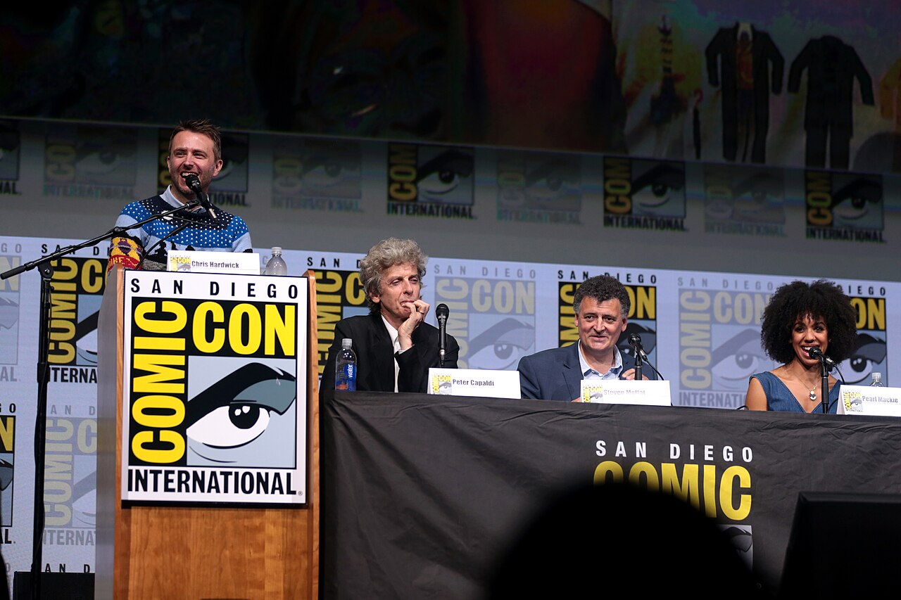 Chris Hardwick, Peter Capaldi, Steven Moffat and Pearl Mackie speaking at the 2017 San Diego Comic Con International, for "Doctor Who", at the San Diego Convent