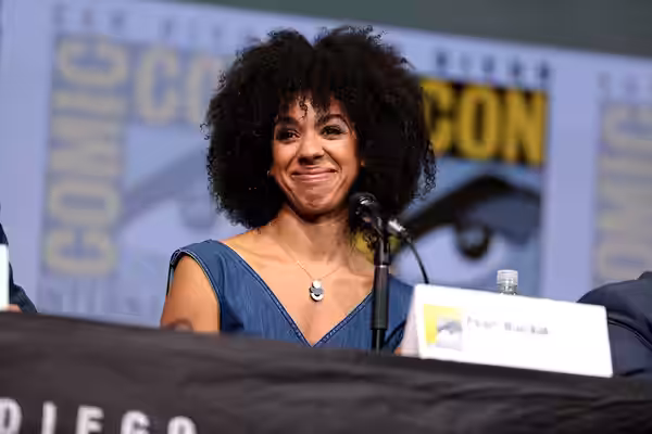 Pearl Mackie speaking at the 2017 San Diego Comic Con International, for "Doctor Who", at the San Diego Convention Center in San Diego, California. Please attri