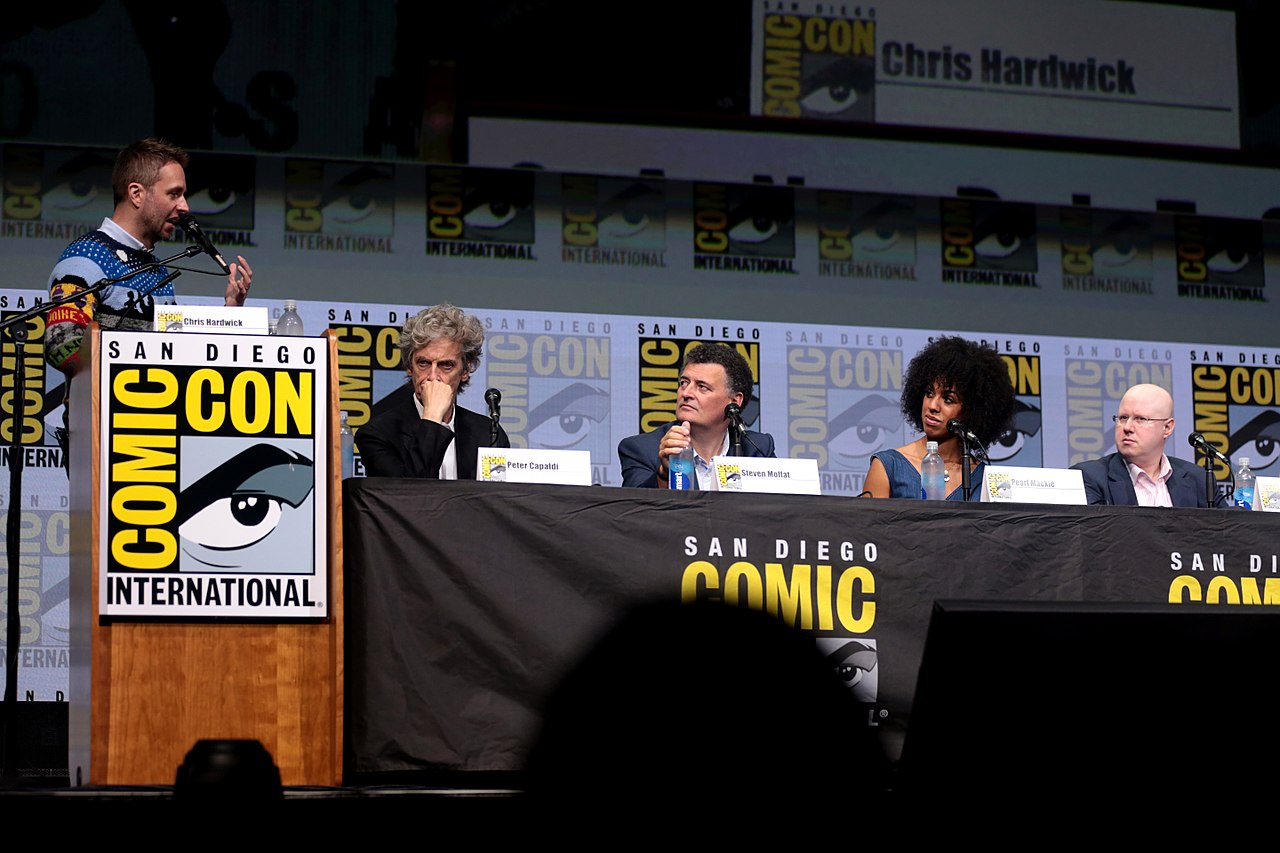 Chris Hardwick, Peter Capaldi, Steven Moffat, Pearl Mackie and Matt Lucas speaking at the 2017 San Diego Comic Con International, for "Doctor Who", at the San D
