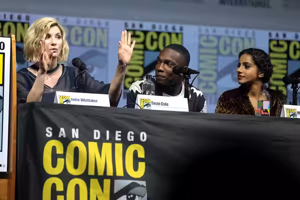 Jodie Whittaker, Tosin Cole and Mandip Gill speaking at the 2018 San Diego Comic Con International, for "Doctor Who", at the San Diego Convention Center in San 