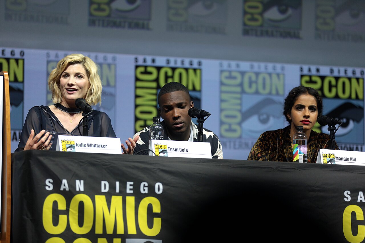 Jodie Whittaker, Tosin Cole and Mandip Gill speaking at the 2018 San Diego Comic Con International, for "Doctor Who", at the San Diego Convention Center in San 