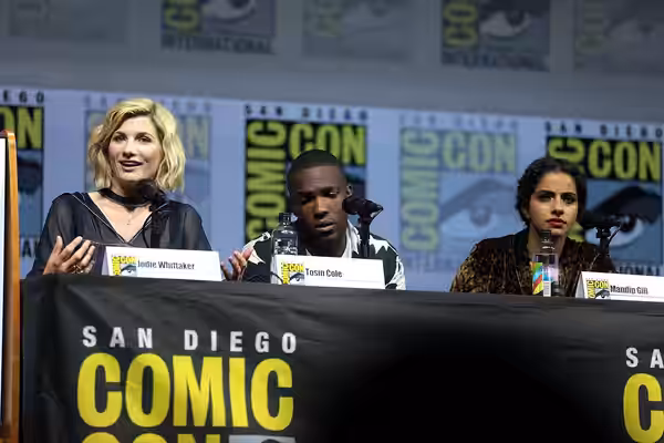 Jodie Whittaker, Tosin Cole and Mandip Gill speaking at the 2018 San Diego Comic Con International, for "Doctor Who", at the San Diego Convention Center in San 