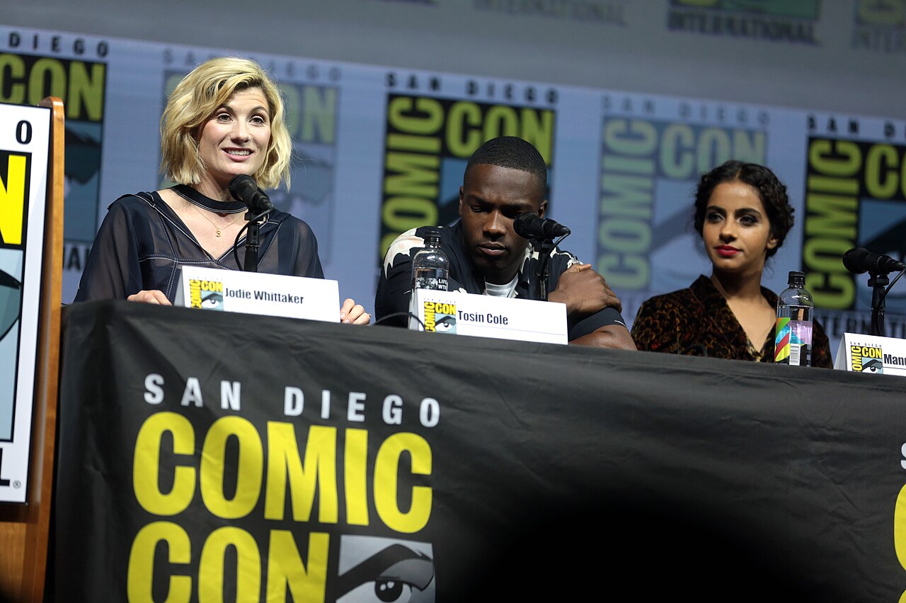 Jodie Whittaker, Tosin Cole and Mandip Gill speaking at the 2018 San Diego Comic Con International, for "Doctor Who", at the San Diego Convention Center in San 