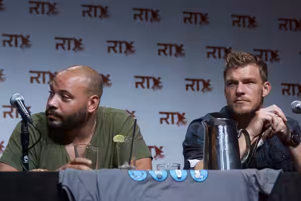 Colton Dunn and Alan Ritchson on a Lazer Team panel at RTX 2015. Please attribute to Dominic "Count3D" Dobrzensky.